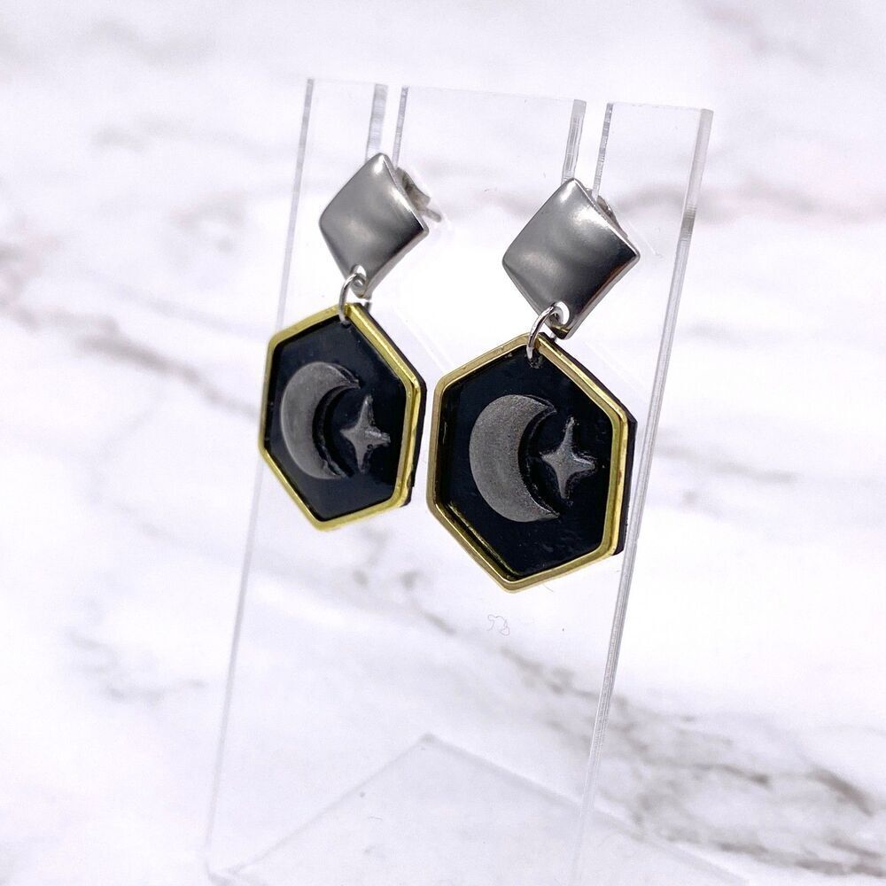 Black Holographic Celestial Crescent Moon Dangle Stud Earrings - Picture 6 of 15